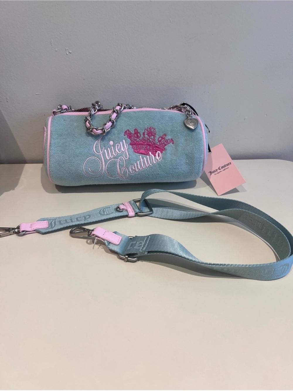 Juicy Couture Light Blue & Pink Barrel Crossbody embroidered logo NWT